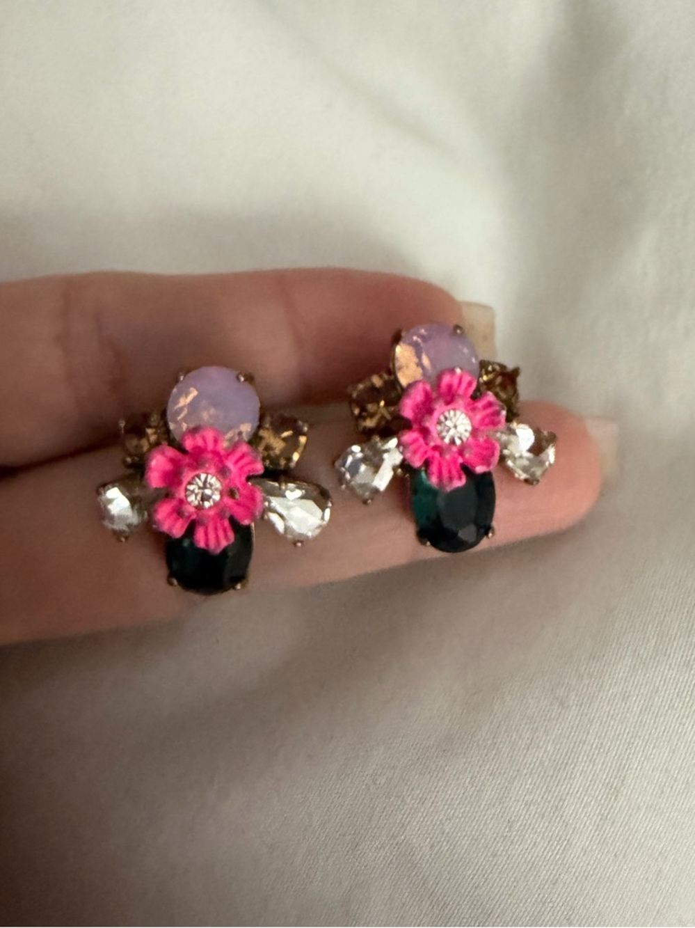 J.Crew Floral Crystal Statement Necklace & Stud Earrings Pink & Emerald Green - Picture 7 of 9
